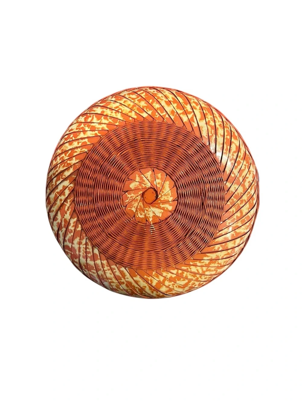 VTG Handwoven Round Bamboo & Rattan Lidded Basket Intricate Variegated